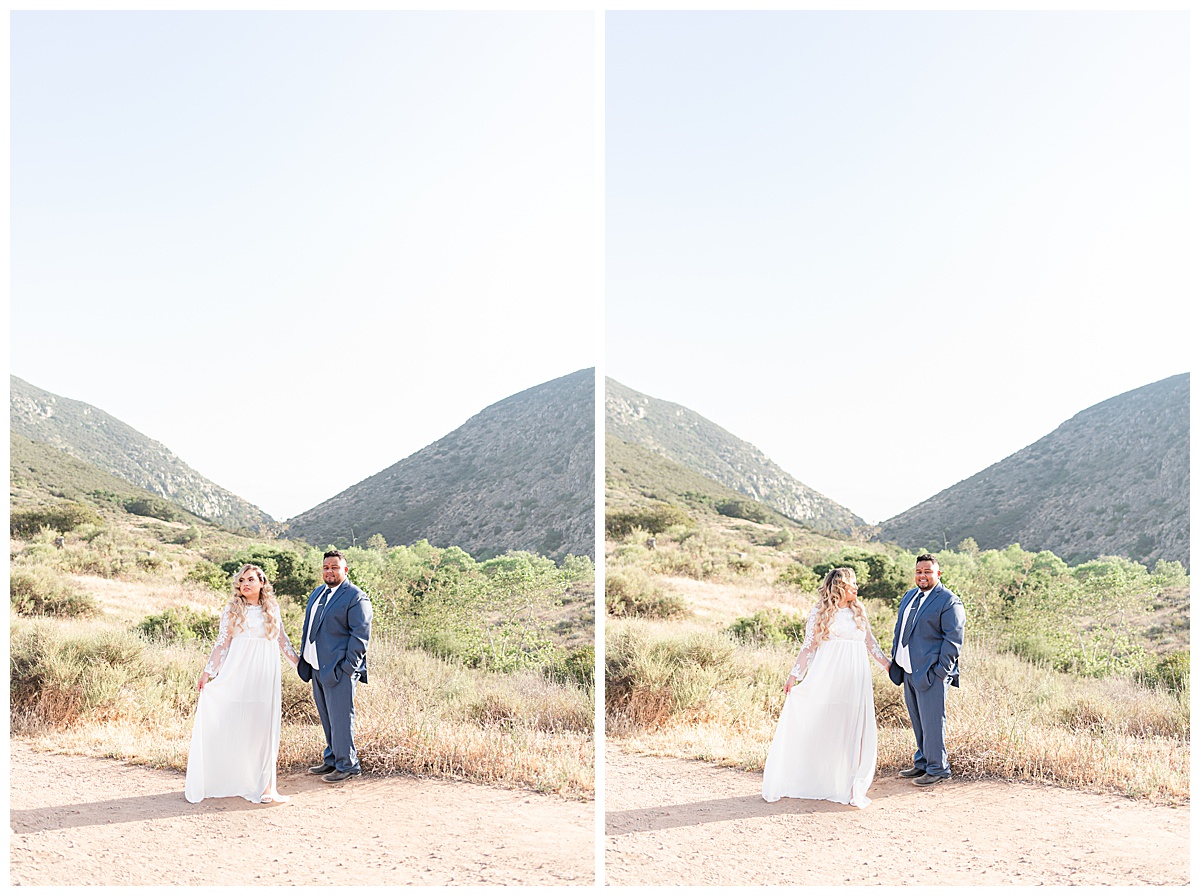 collage of groom and bride walking in desert