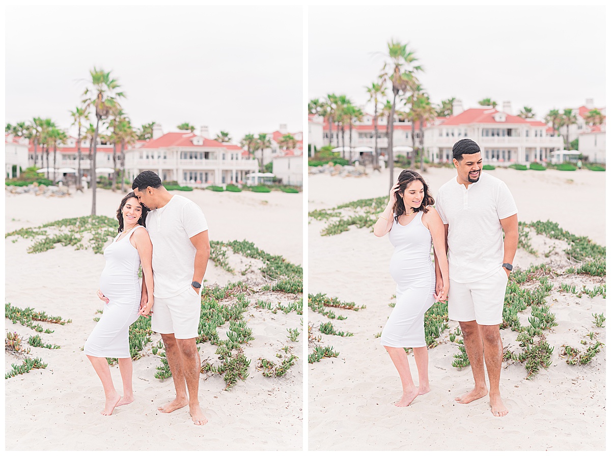 collage of husband and pregnant wife on san diego beach