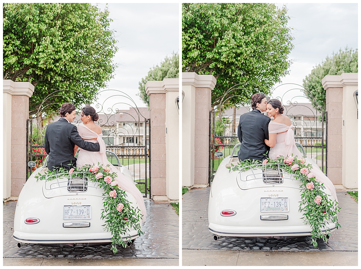 collage of couple sitting on top of white classic wedding car