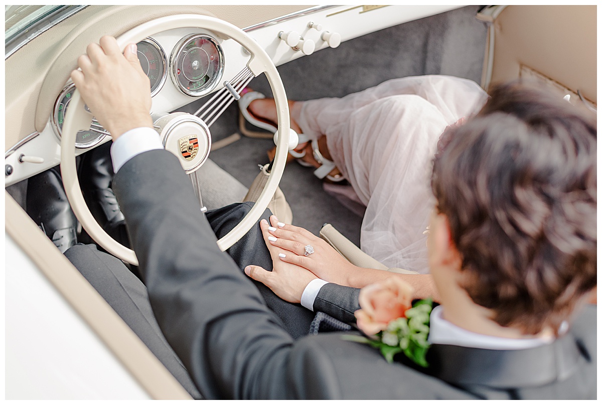 photo of inside classic white wedding car