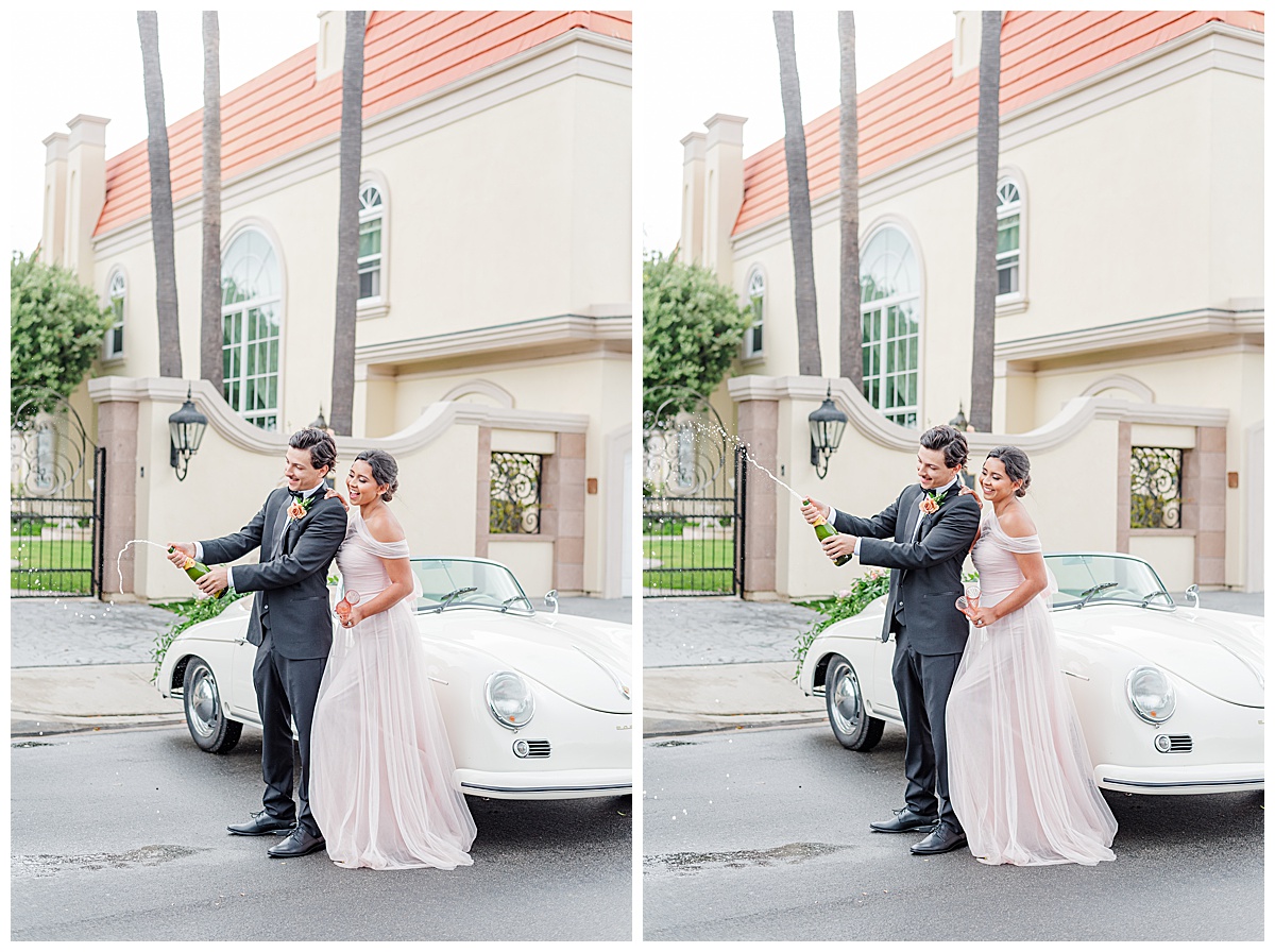 champagne pop in front of classic white wedding car