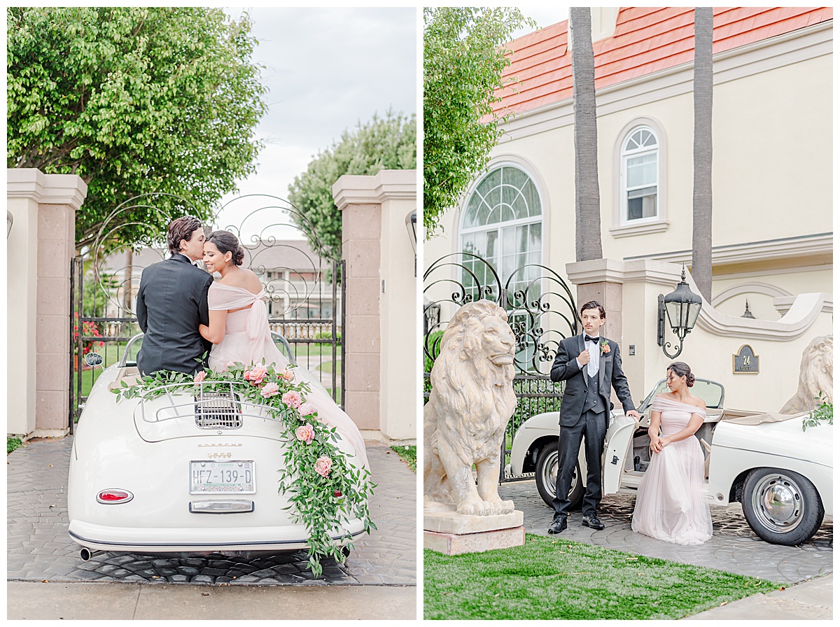 photo collage of couple with white classic car