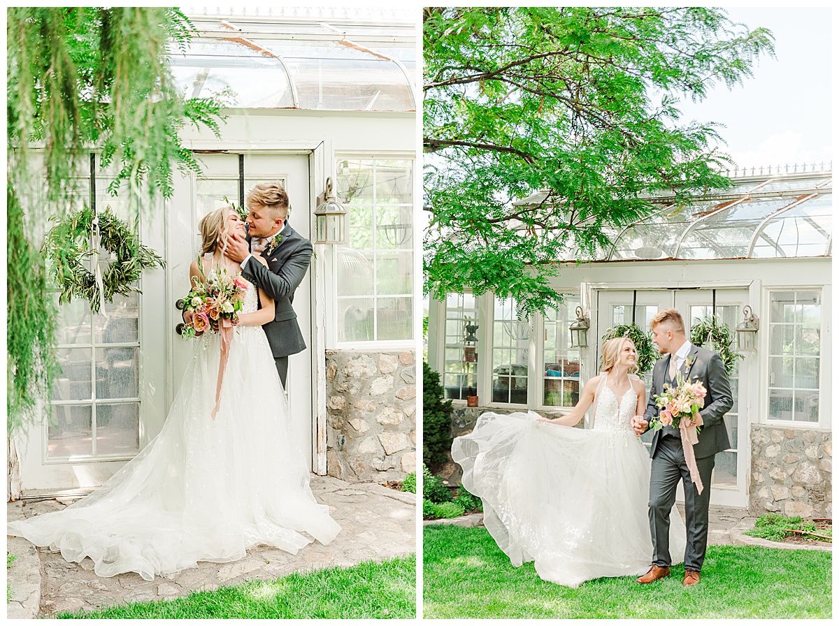 photo collage of couple in front of green house