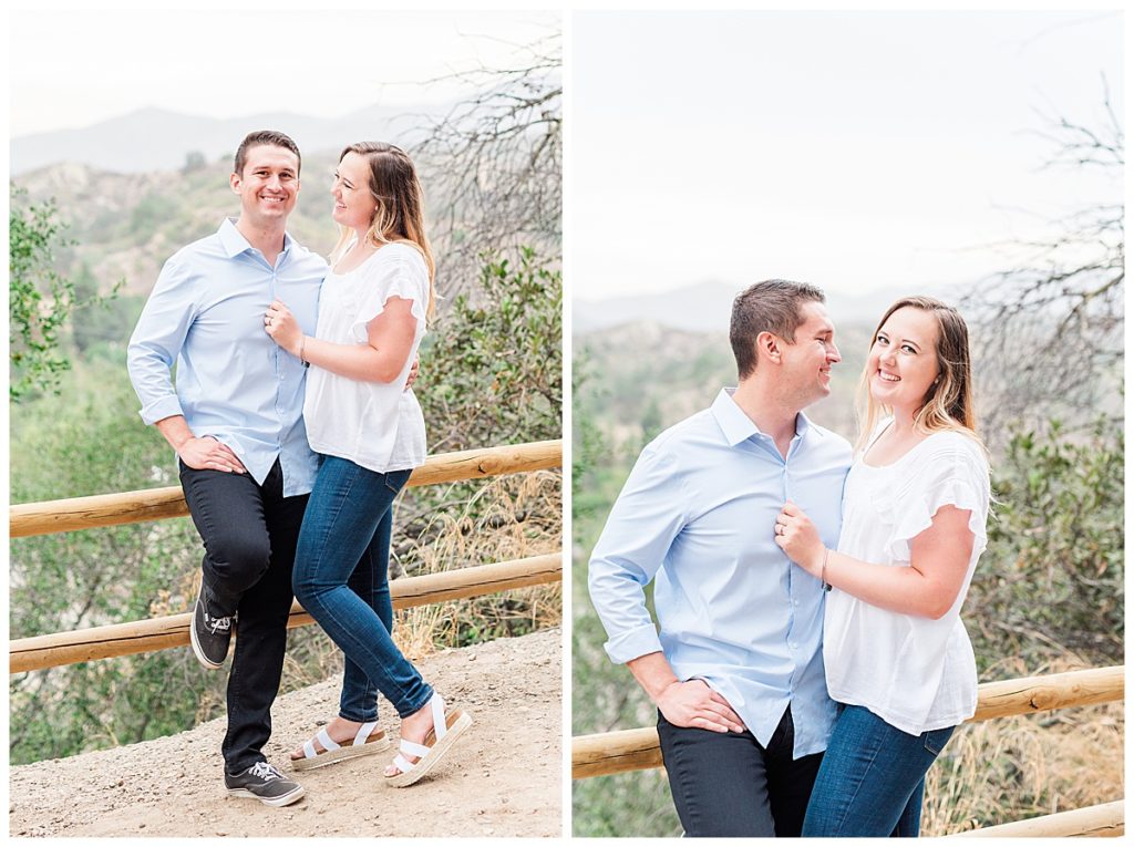 photo collage of couple leaning against fence